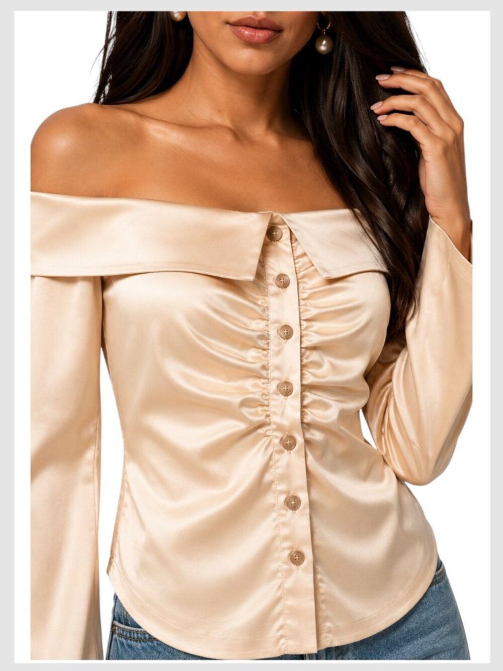 Anthropologie Off Shoulder Satin Ruched Blouse Champagne Cream XS - Picture 8 of 9